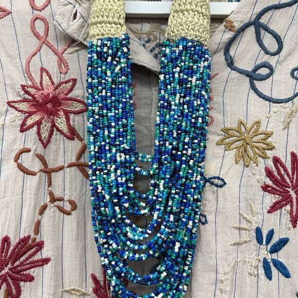 Blue, Green and White Boho Multi colored layered beaded necklace - Picture 3 of 4